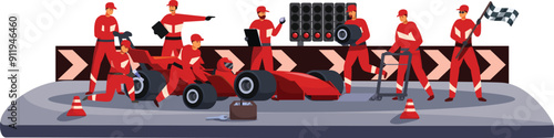 Pit crew working on a red race car during a pit stop