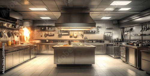 A modern kitchen showcasing stainless steel appliances, bright lights, and an exciting cooking scene with flames.