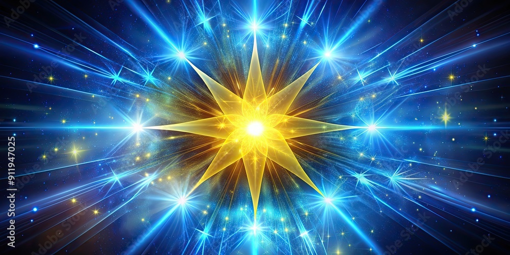 Fototapeta premium Abstract yellow explosion star with blue glow and cosmic energy release, abstract, yellow, explosion, star, blue, glow