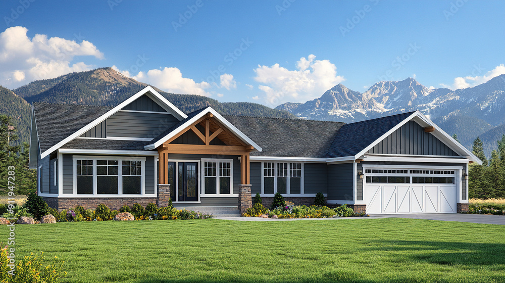 Photography of minimalist modern farmhouse style home with mountain view background. Wallpaper photo for home design idea. Photography of minimalist modern farmhouse style home with mountain view background. Wallpaper photo for home design idea.