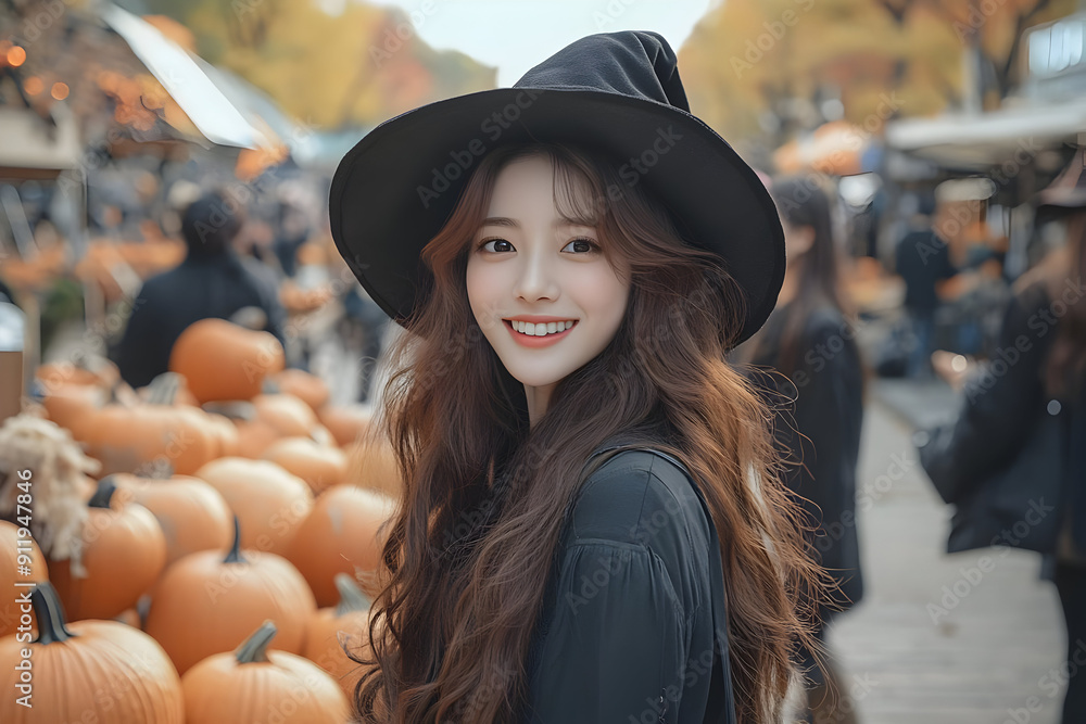 Cheerful woman in a black hat at a pumpkin market during autumn, embracing the season's festive atmosphere with joy. Cheerful woman in a black hat at a pumpkin market during autumn, embracing the season's festive atmosphere with joy.