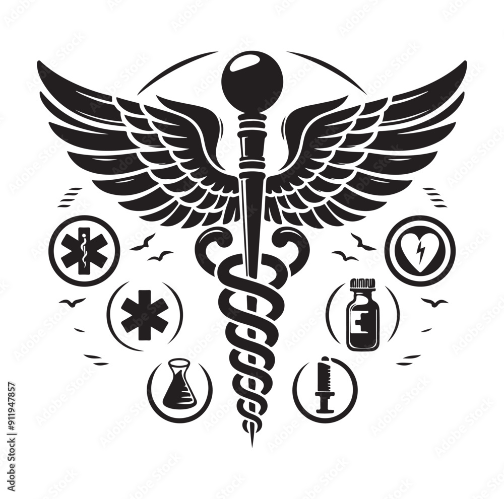 Naklejka premium Caduceus health vector silhouette black vector art illustration design.