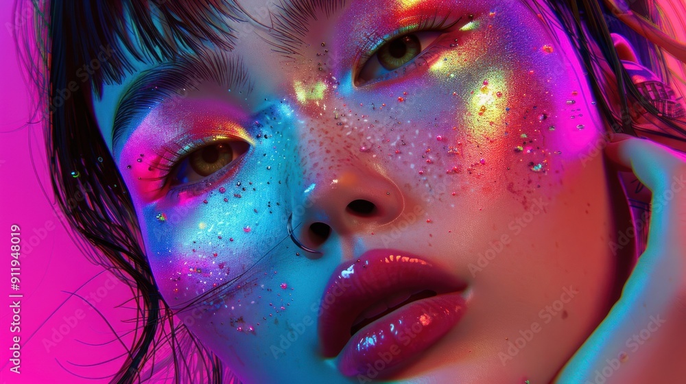 Obraz premium Close up of a woman's face with iridescent makeup.