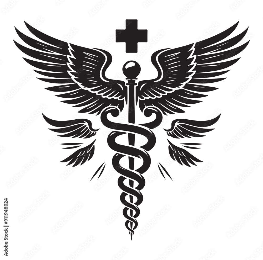 Caduceus health vector silhouette black vector art illustration design.