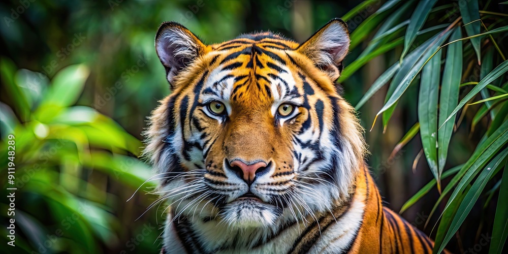 Fototapeta premium Close-up of a majestic Bengal tiger head in the jungle, displaying its beautiful striped fur, nature, jungle, wildlife, wild