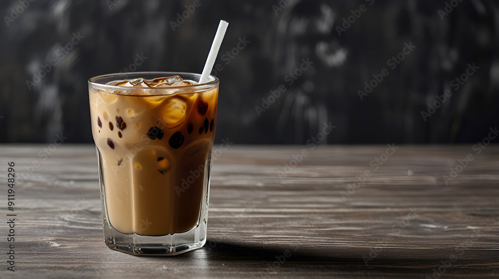 Coffee and milk are mixed in a highball glass with ice. gray wooden table background. Ai generative Coffee and milk are mixed in a highball glass with ice. gray wooden table background. Ai generative