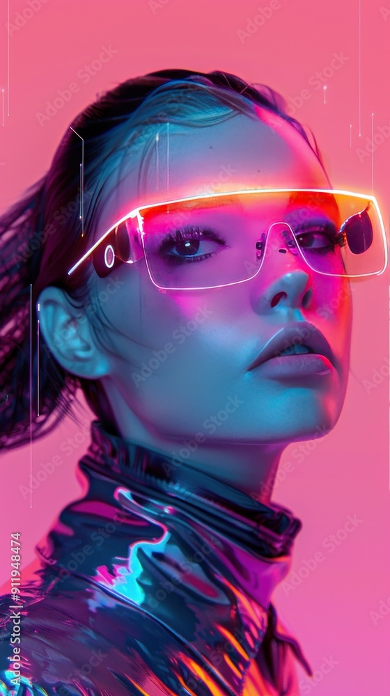Woman wearing futuristic neon glasses against a pink backdrop. Woman wearing futuristic neon glasses against a pink backdrop.