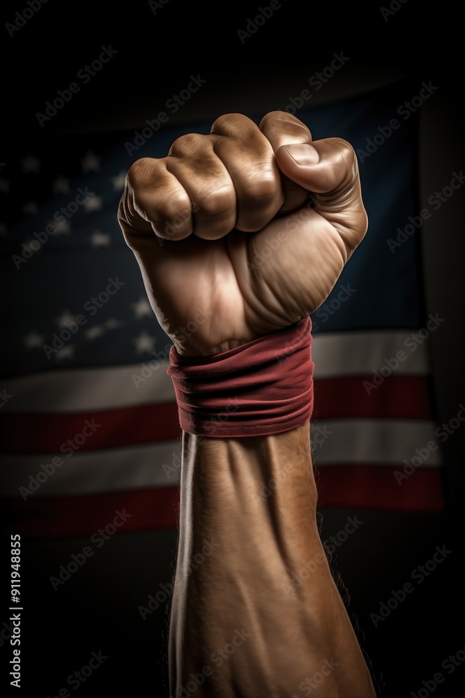 Close-up of a clenched fist with a red wristband against a blurred American flag background Close-up of a clenched fist with a red wristband against a blurred American flag background