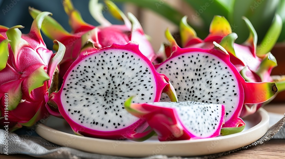 Fresh Dragon Fruit Slices on a Plate Fresh Dragon Fruit Slices on a Plate