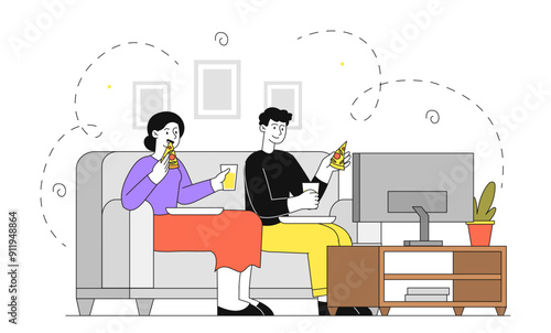 Couple eating pizza. Man and woman sitting on sofa with fast food and tasty drink. Friends with takeaway eating watch television. Linear vector illustration