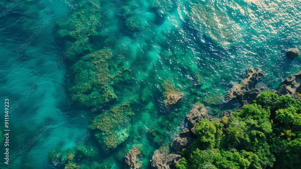 Aerial View of Vibrant Tropical Coastline with Crystal Clear Turquoise Waters and Lush Green Foliage Along Rocky Shore Aerial View of Vibrant Tropical Coastline with Crystal Clear Turquoise Waters and Lush Green Foliage Along Rocky Shore