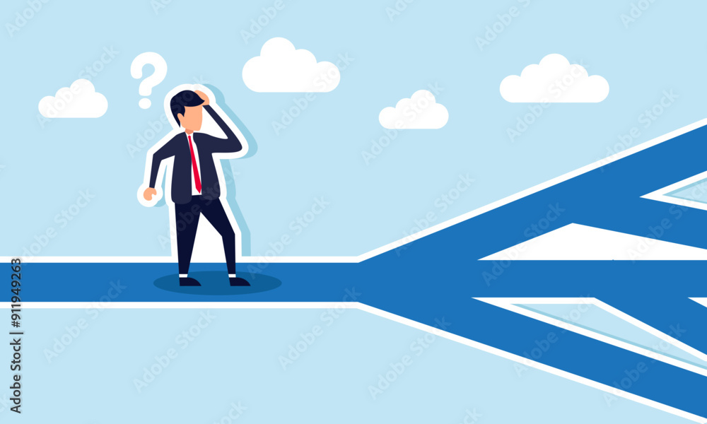 Choosing business directions involves making decisions about career paths, navigating the paradox of choice, concept of Confused businessman contemplating a decision with multiple routes ahead Choosing business directions involves making decisions about career paths, navigating the paradox of choice, concept of Confused businessman contemplating a decision with multiple routes ahead