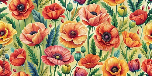 Wallpaper Mural Seamless pattern featuring vibrant poppies, poppy, flowers, red, floral, botanical, garden, nature, elegant, spring Torontodigital.ca