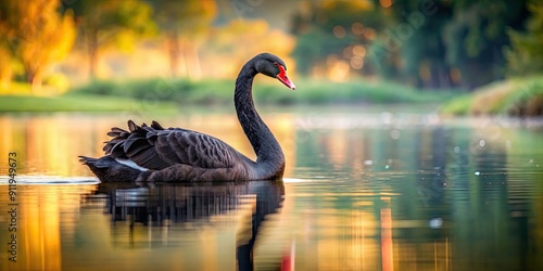 Fototapeta Naklejka Na Ścianę i Meble -  Majestic black swan floating gracefully on calm water, swan, black, bird, graceful, elegant, majestic, wildlife, nature, animal