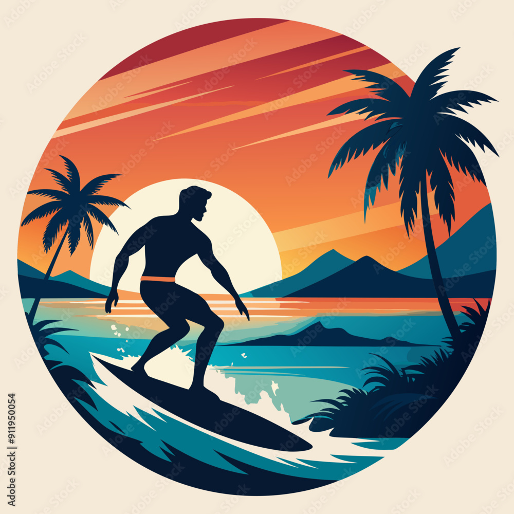Surfing Silhouette Vector Illustration on White Background | Line Art ...