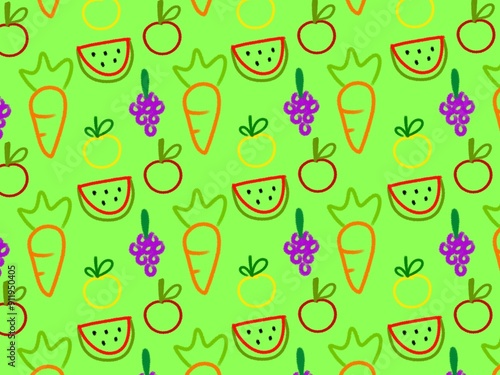 Hand drawn fruits seamless pattern on green background