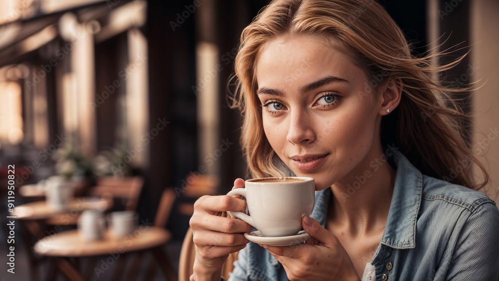 Beautiful girl enjoying a cup of coffee at the outdoor cafe Beautiful girl enjoying a cup of coffee at the outdoor cafe