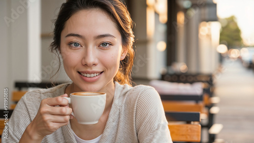 Beautiful girl enjoying a cup of coffee at the outdoor cafe