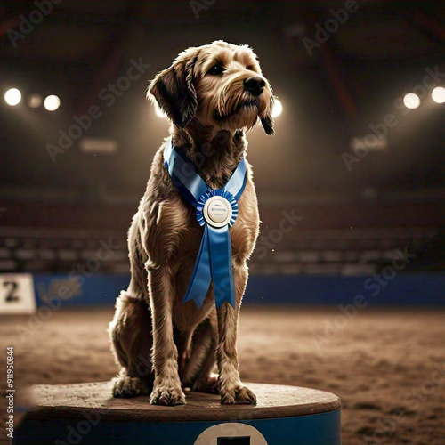 A full-body shot of a dog proudly standing on a podium, with a blue ribbon around its neck, in an indoor arena, with spotlights highlighting the scene, shot with a Nikon Z7 II, 28mm lens photo