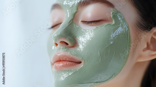 Asian woman is face masking with matcha cream face mask. close up shot, white studio background, Skincare routine.