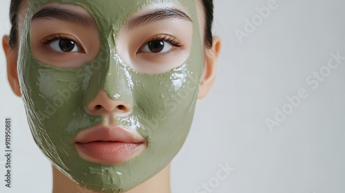 Asian woman is face masking with matcha cream face mask. close up shot, white studio background, Skincare routine.