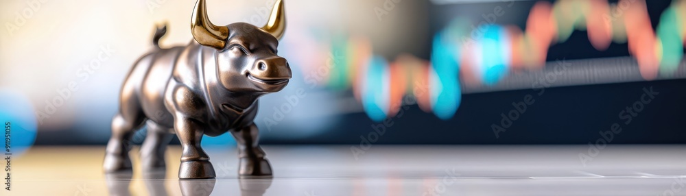 Bull statue overlooking stock market trading floor, Bullish stock, Market strength, copy space, focus cover all object, deep dept of field Bull statue overlooking stock market trading floor, Bullish stock, Market strength, copy space, focus cover all object, deep dept of field
