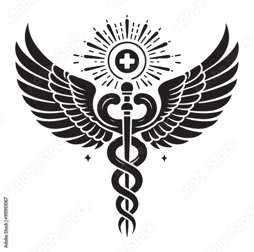 Caduceus health vector silhouette black vector art illustration design.