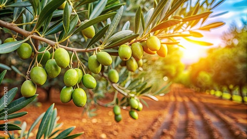Green olives growing on an olive tree in a Mediterranean plantation, olive tree, green olives, Mediterranean, plantation, agriculture