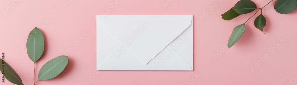 A clean white envelope placed on a soft pink background, surrounded by green leaves, perfect for invitations or stationery designs. A clean white envelope placed on a soft pink background, surrounded by green leaves, perfect for invitations or stationery designs.