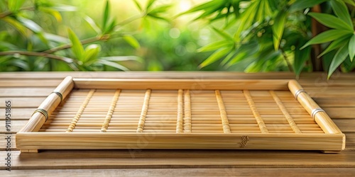 Close-up of a bamboo tray creating a serene and natural decorative setting , bamboo, tray, close-up, natural, decorative
