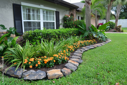 Fototapeta Naklejka Na Ścianę i Meble -  Photo of a newly finished stone border with flower bed and green grass beside house in Tulsa, Florida, garden service company style