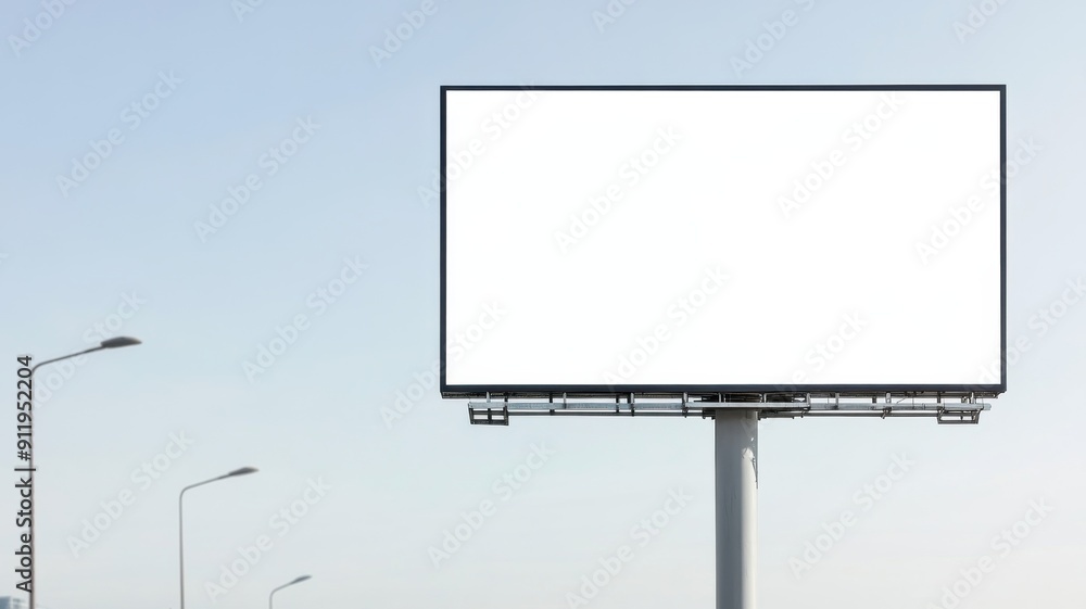 Fototapeta premium A blank billboard stands against a clear sky, perfect for advertisements or showcasing unique content without distractions.