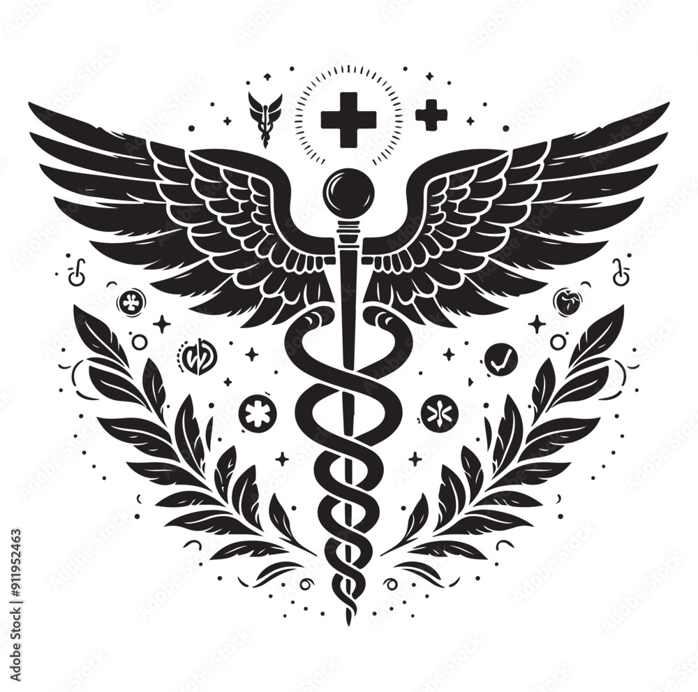 Fototapeta premium Caduceus health vector silhouette black vector art illustration design.