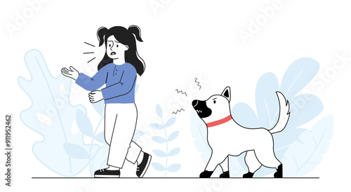 Girl with evil dog. Child afraid of barking puppy. Kid with phobia outdoors. Fear and horror. Scary domestic animal scares schoolgirl. Linear vector illustration