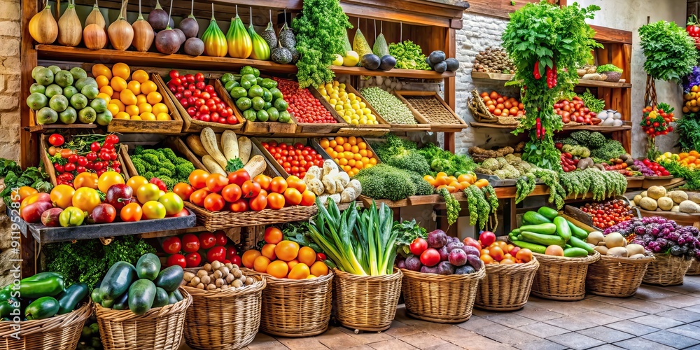 Fototapeta premium Colorful array of organic fruits and vegetables at a local farmer's shop in Spain, sunny day, small shop, street market
