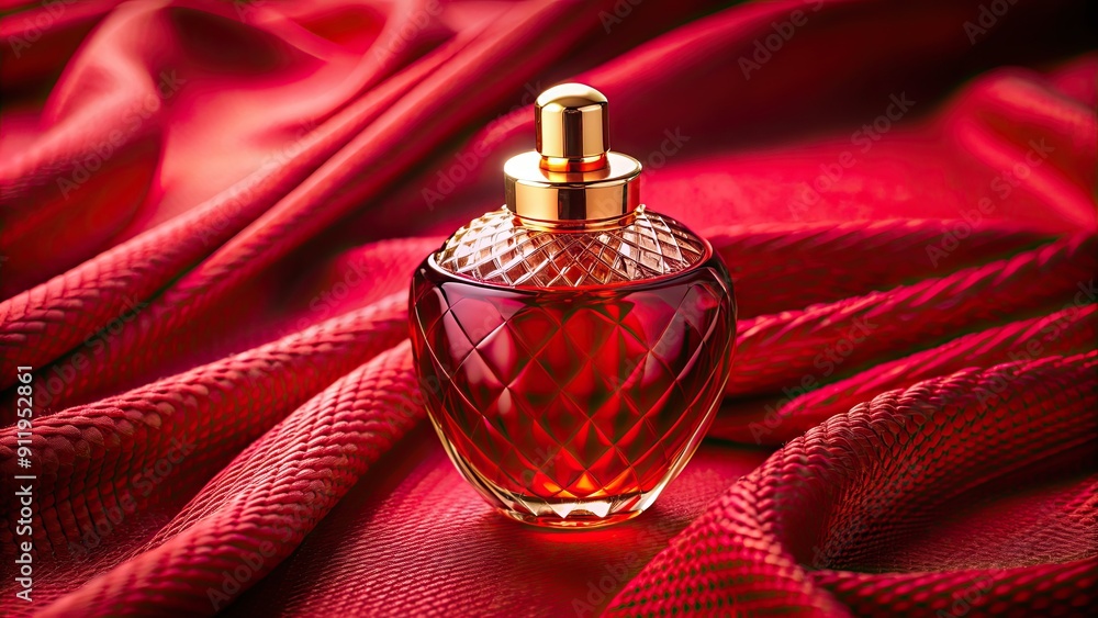 Red glass perfume bottle with gold trim on a red fabric background, red, glass, perfume bottle, gold trim, fabric, dark Red glass perfume bottle with gold trim on a red fabric background, red, glass, perfume bottle, gold trim, fabric, dark