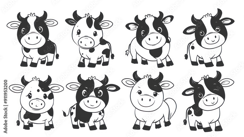 Six cute black and white cartoon cows with different expressions. Six cute black and white cartoon cows with different expressions.