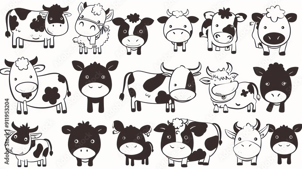 Collection of cute black and white cow illustrations. Collection of cute black and white cow illustrations.