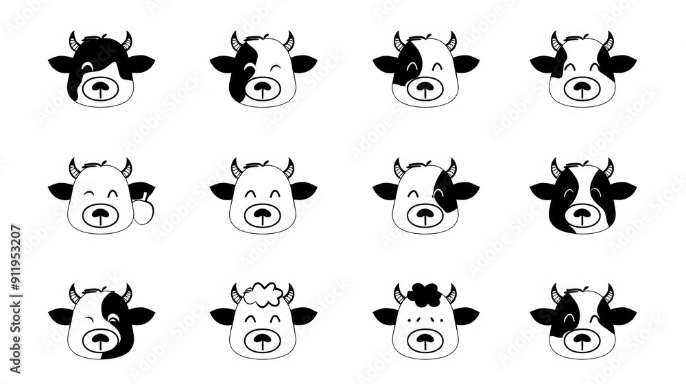 Cute black and white cow faces with different expressions. Cute black and white cow faces with different expressions.