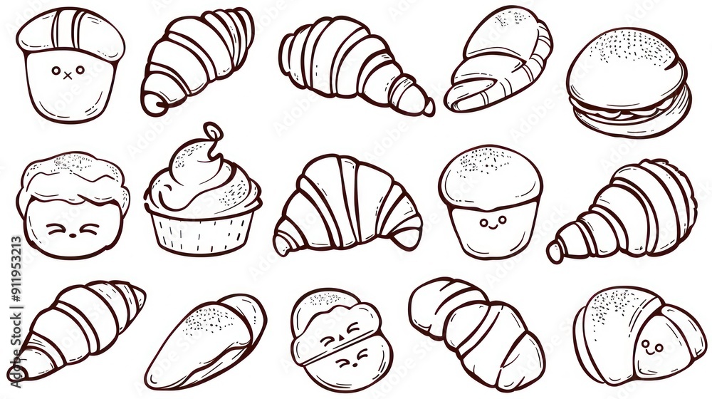 Collection of hand-drawn bakery items with cute faces. Collection of hand-drawn bakery items with cute faces.