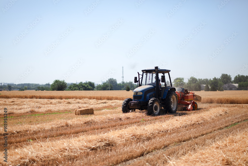 Mechanization is baling wheat straw in the farmland Mechanization is baling wheat straw in the farmland