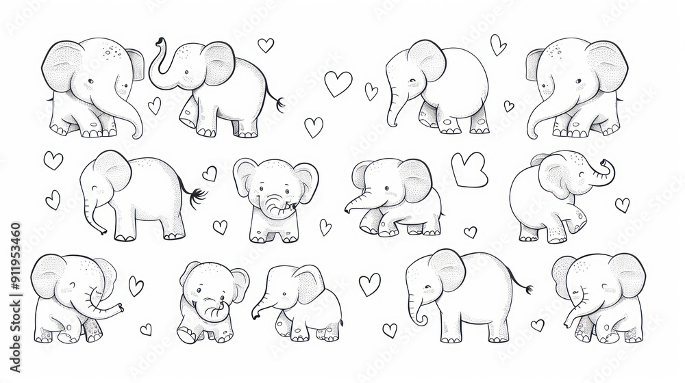 Obraz premium Cute cartoon elephants with hearts.