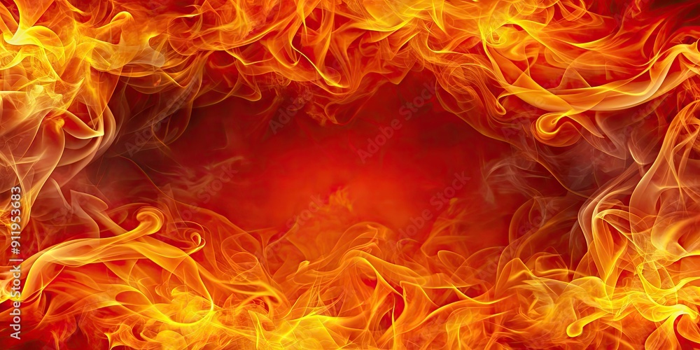 Fototapeta premium Abstract orange fire background texture with red border, yellow flames, and swirling smoke pattern , fire, background, texture