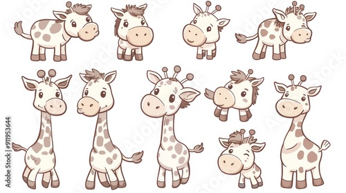 Adorable cartoon giraffes in various poses, perfect for children's illustrations.