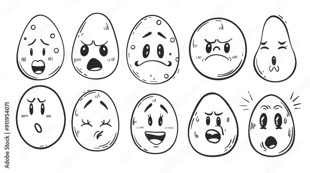 Fototapeta premium Hand-drawn egg characters with various emotions.