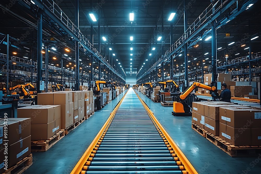 A busy warehouse featuring robotic arms and conveyor belts sorting packages, with workers monitoring the process for efficiency and accuracy.
A busy warehouse featuring robotic arms and conveyor belts sorting packages, with workers monitoring the process for efficiency and accuracy.