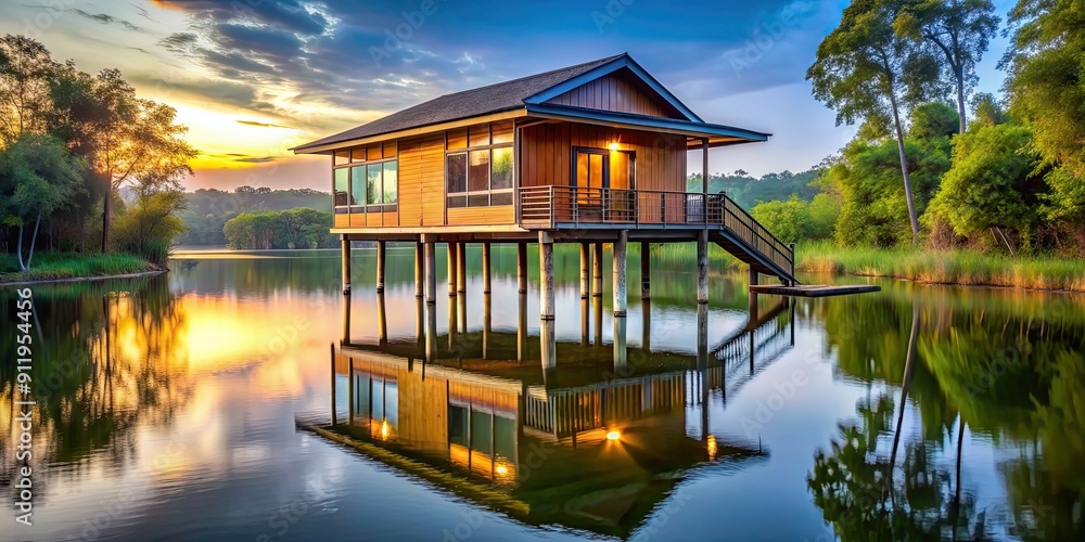 Obraz premium House built on stilts over tranquil river, house, water, river, stilts, architecture, nature, peaceful, serene, reflection, remote