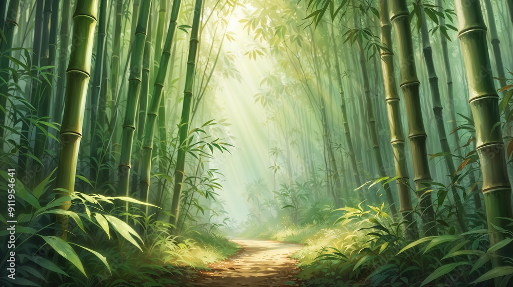 Illustration of a calm bamboo forest with sunlight filtering through the leaves Illustration of a calm bamboo forest with sunlight filtering through the leaves