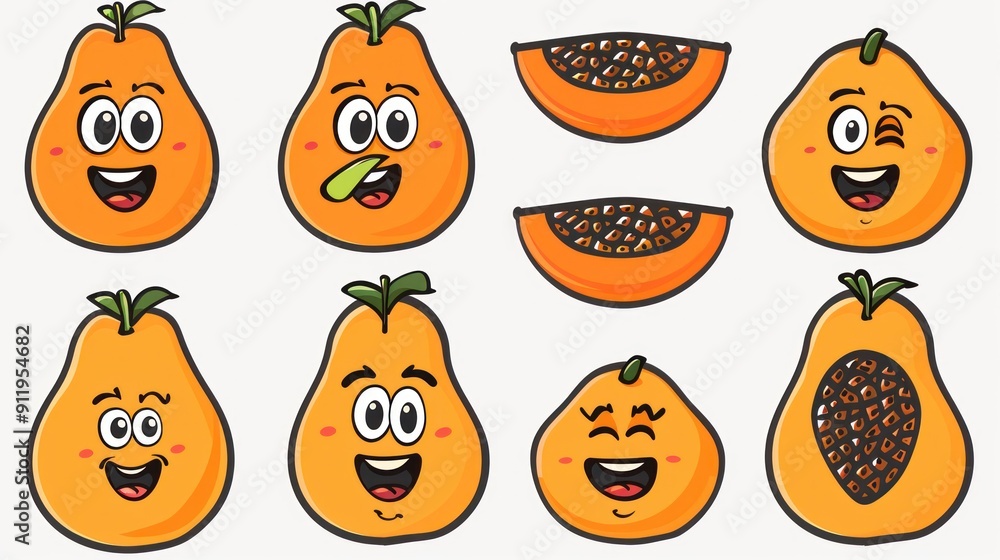 Collection of cute papaya fruit cartoon characters with different expressions. Collection of cute papaya fruit cartoon characters with different expressions.