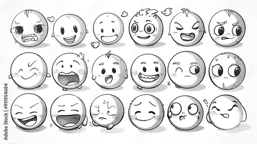 18 hand-drawn cartoon emoticons with various expressions. 18 hand-drawn cartoon emoticons with various expressions.